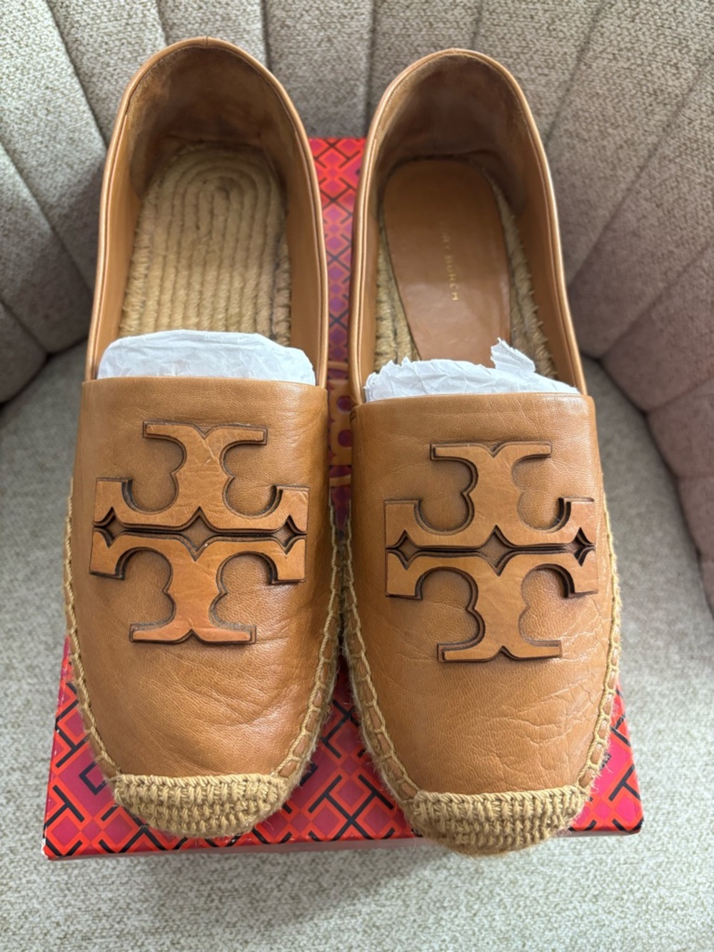 Tory Burch Cognac Leather Logo Espadrille Loafers